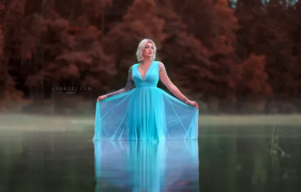 Picture nature, river, blonde, bokeh, turquoise dress, model posing, standing in the water, Andrzej Czar