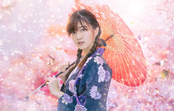 Girl, umbrella, kimono, Asian