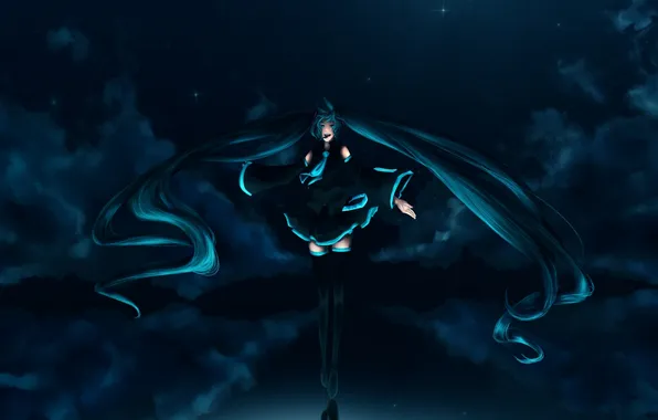 Picture the sky, girl, stars, clouds, night, anime, art, microphone