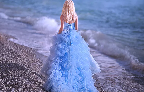 Picture sea, girl, back, dress, blonde