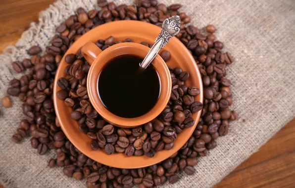Coffee, grain, spoon, mug, saucer