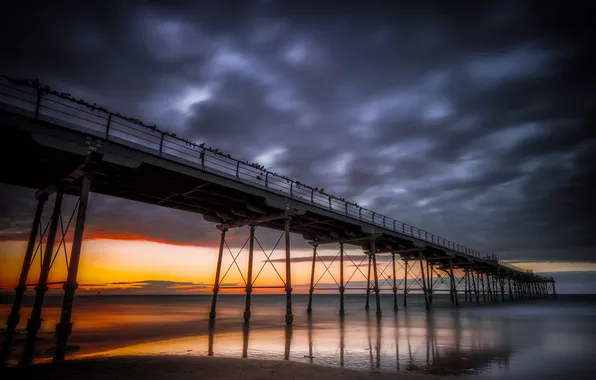 Sea, bridge, nature, Saltburn Sunset