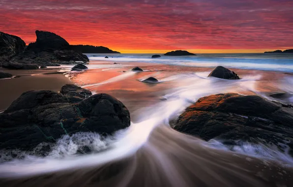 Wave, beach, sunset, red, stones, CA, San Francisco, United States
