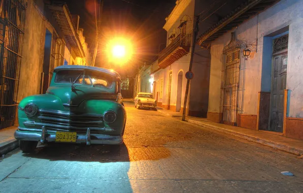 Picture machine, night, retro, Wallpaper, street, old, car, Cuba