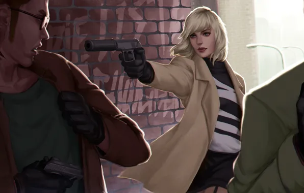 Girl, gun, Charlize Theron, art, blonde, killer, men, muffler