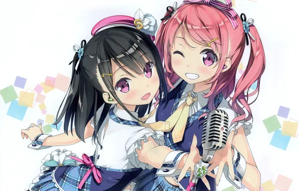Smile, tie, microphone, fun, wink, ruffles, pink hair, two tails