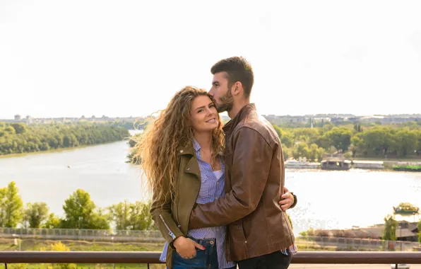 Girl, bridge, the city, smile, river, hugs, pair, guy