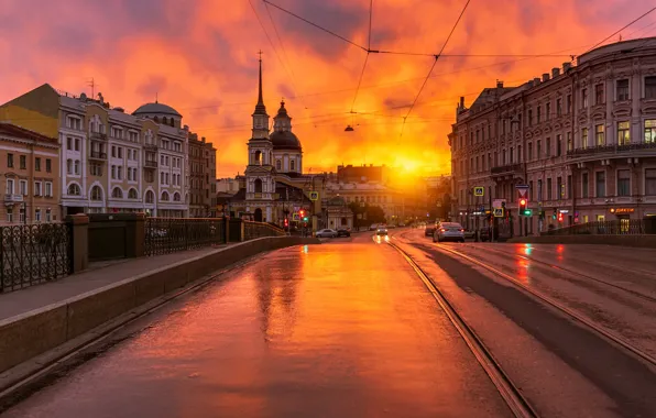 Picture road, sunset, the city, street, building, home, Peter, Saint Petersburg