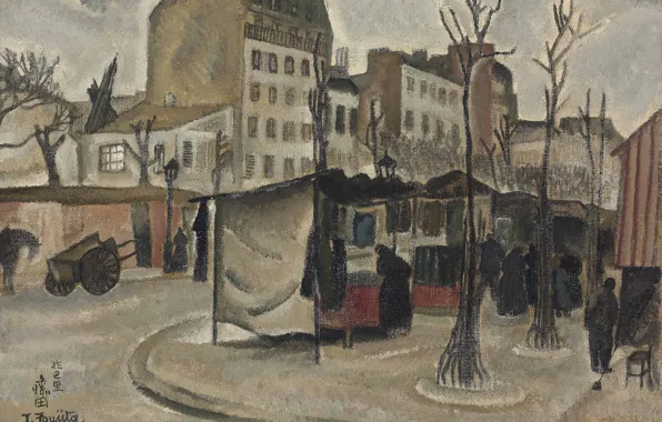 Trees, people, home, stroller, 1918, Tsuguharu, Fujita, The Paris market
