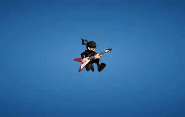 Picture guitar, minimalism, ninja, red, blue background, ninja