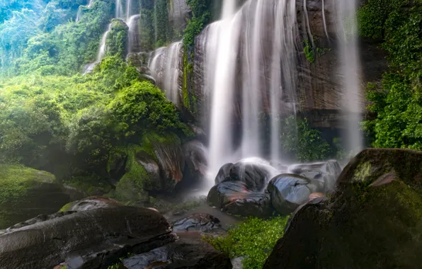 Landscape, nature, rocks, shore, vegetation, waterfall