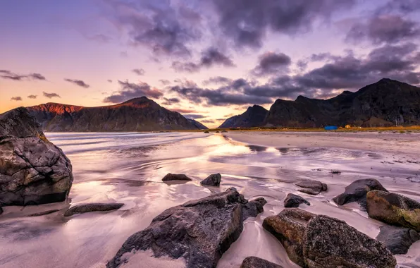 Sand, sea, the sky, clouds, landscape, mountains, nature, stones