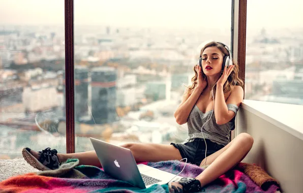 Girl, pose, mood, feet, Apple, shorts, headphones, window