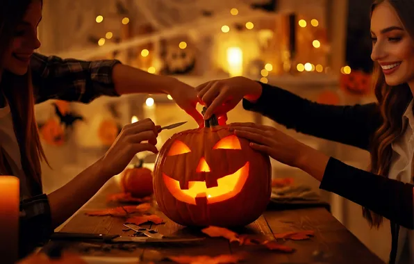 Autumn, lights, table, girls, holiday, Board, candles, hands