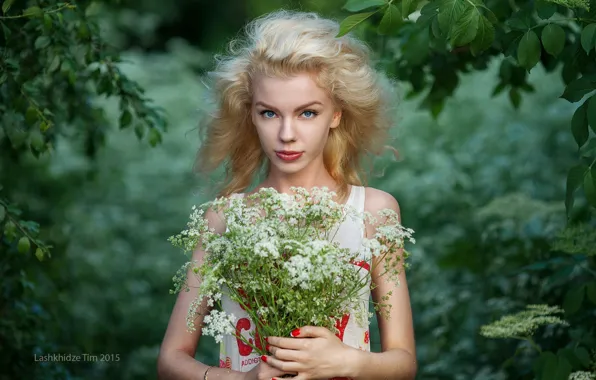 Picture look, leaves, girl, flowers, branches, model, portrait, bouquet