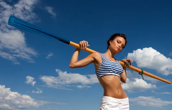 The sky, girl, clouds, pose, figure, paddle, Girl with a paddle, Vadim Fedotov