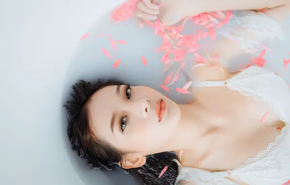 Picture white, erotic, chest, look, water, girl, flowers, face