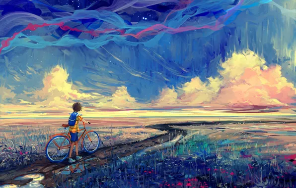 Road, bike, boy, art, painting