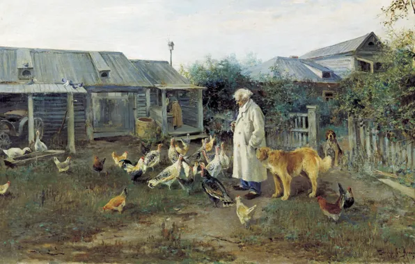 Picture dogs, oil, the barn, the old man, canvas, chicken, 1897, Alexey STEPANOV