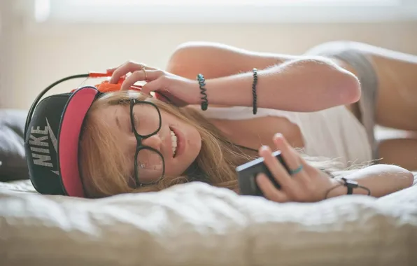 Girl, music, body, headphones, glasses, player, bed, the rays of the sun