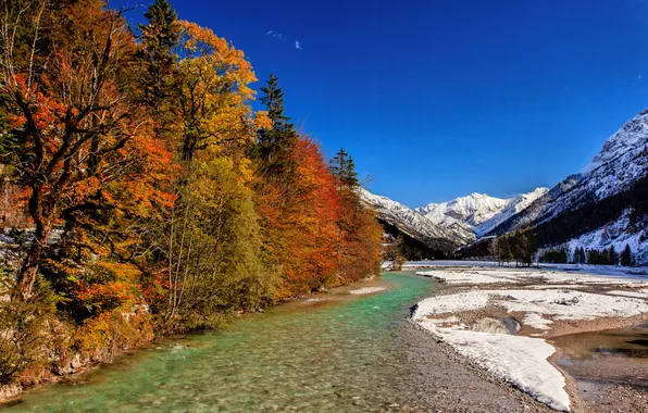 Picture autumn, the sky, snow, trees, mountains, river