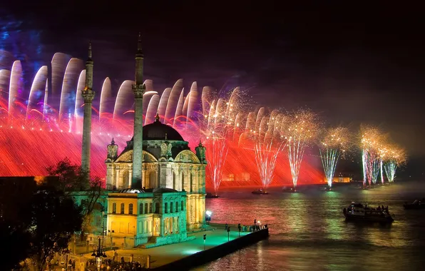 Night, lights, holiday, boat, salute, mosque, fireworks, the minaret