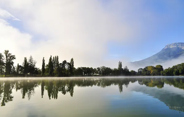 Picture water, trees, mountains, nature, fog, lake, surface, morning