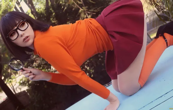 Model, women, cosplay, Velma Dinkley, Beke Jacoba, pleated skirt, ankle strap heels, Women Outdoors