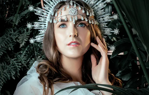 Look, leaves, girl, face, style, portrait, plants, crown