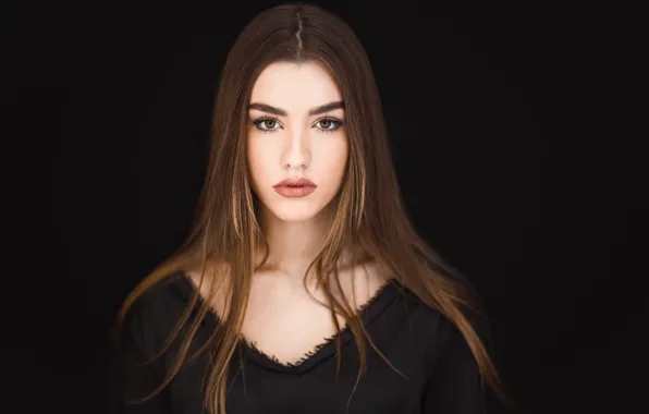 Look, girl, portrait, makeup, hairstyle, brown hair, beauty, black background