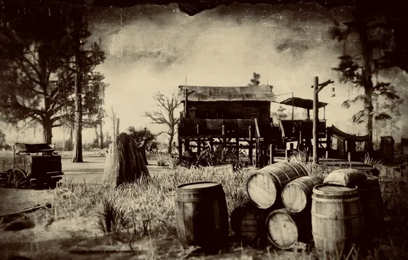 HDR, House, Game, Trees, Barrel, UHD, Red Dead Redemption 2, Swamp