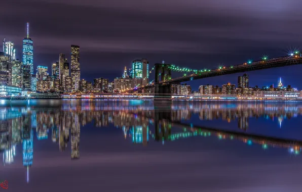 Picture reflection, night, bridge, the city, lights, New York