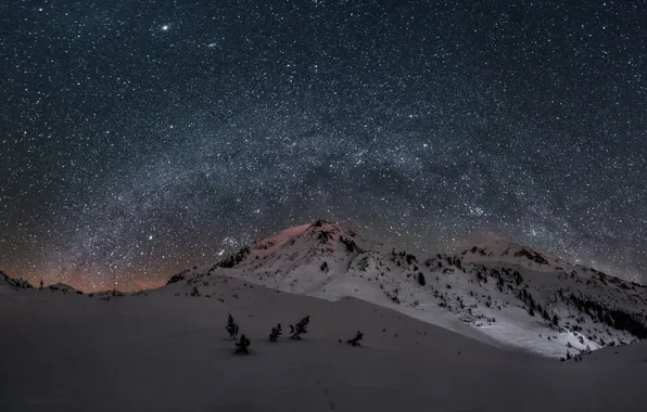The sky, stars, snow, mountains, night, the milky way