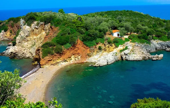 Sea, trees, stones, coast, Greece, house, Laguna, Naxos