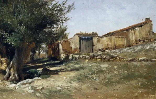 House, tree, picture, the ruins, Carlos de Haes, Landscape in Aragon