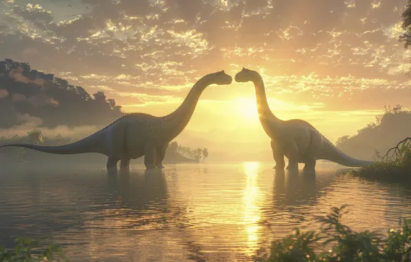 The sun, Lake, Dawn, Two, Animals, Digital art, Dinosaurs, Ancient animals