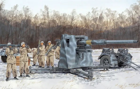 Figure, German, Open fire, Calculation, Combined, 8 cm anti-aircraft gun, Flak 36, Special trailer 202