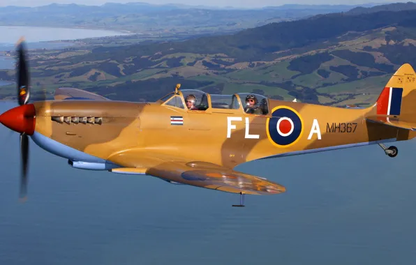 Picture sea, flight, retro, the plane, landscape, fighter, pilots, Supermarine Spitfire
