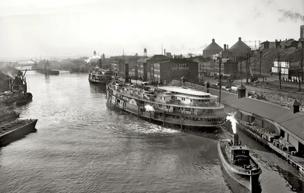Picture bridge, the city, retro, river, ship, steamer, USA, 1904-the year