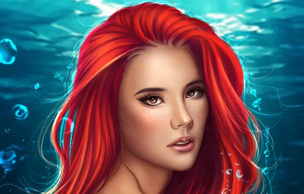 Look, water, girl, mermaid, red, Ariel