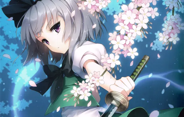 Picture girl, flowers, weapons, katana, anime, Sakura, art, touhou