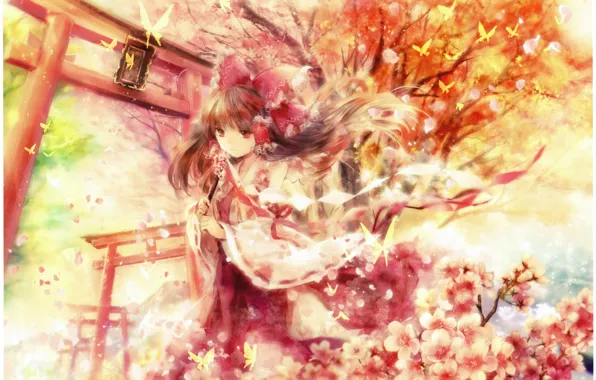 Butterfly, the wind, gate, Sakura, bow, flowering, art, hakurei reimu