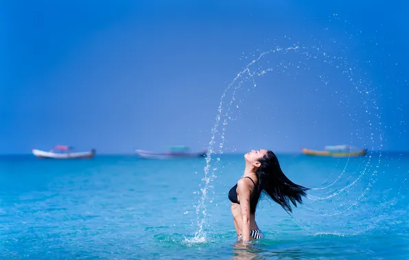 Sea, girl, squirt, hair, bathing