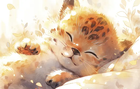 Light, glare, kitty, sleep, legs, baby, watercolor, leopard