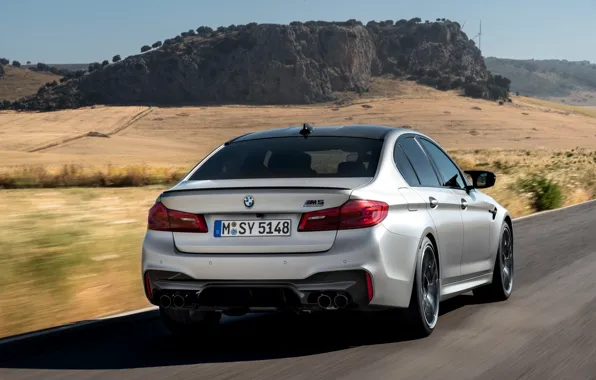 Picture road, rock, grey, BMW, sedan, rear view, 4x4, 2018