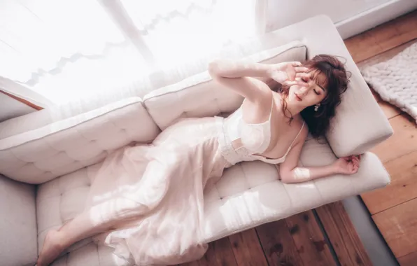Picture girl, pose, sofa, hand, negligee, Asian, closed eyes