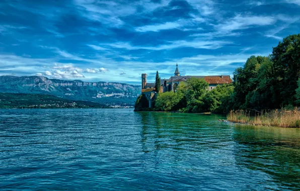 Picture trees, mountains, lake, rocks, shore, France, Abbey, Hautecombe