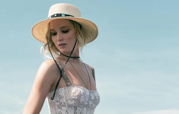 The sky, the sun, portrait, hat, actress, blonde, beauty, white dress