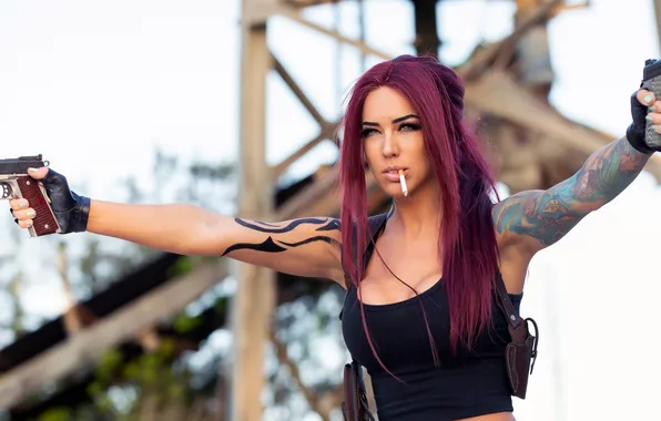 Look, pose, weapons, model, guns, figure, tattoo, cigarette