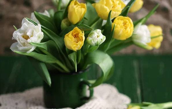 Picture bouquet, tulips, vase, wood